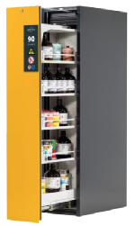 Bezpečnostní skříň vysoká s požární odolností 90min, 1x výsuvné dveře_4x police, 1x spodní záchytná vana 